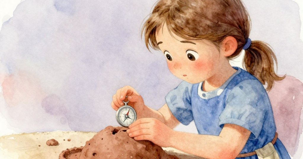 Nessa專注地清理指南針鏡面，手部細節清晰，背景呈現泥土與青苔質感，充滿神秘意味