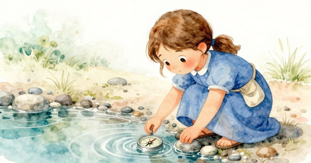 Nessa將指南針邊緣輕觸溪流，水面上映出跳動的泡泡與倒影，環境清新明亮