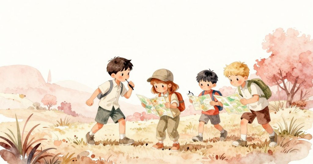 Colette在開闊地帶上研究舊地圖，Cole高舉指南針，Barrett守望遠處丘陵，眾人臉上流露平靜與滿足