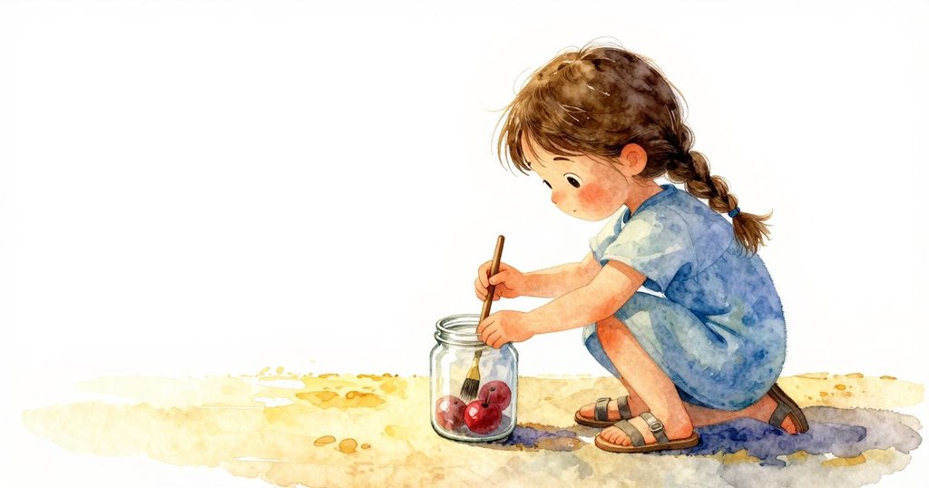 奈莎在傾斜桌面上取刷子，陽光灑下，紙面乾燥與濕潤並存，情緒好奇探索，故事開始。