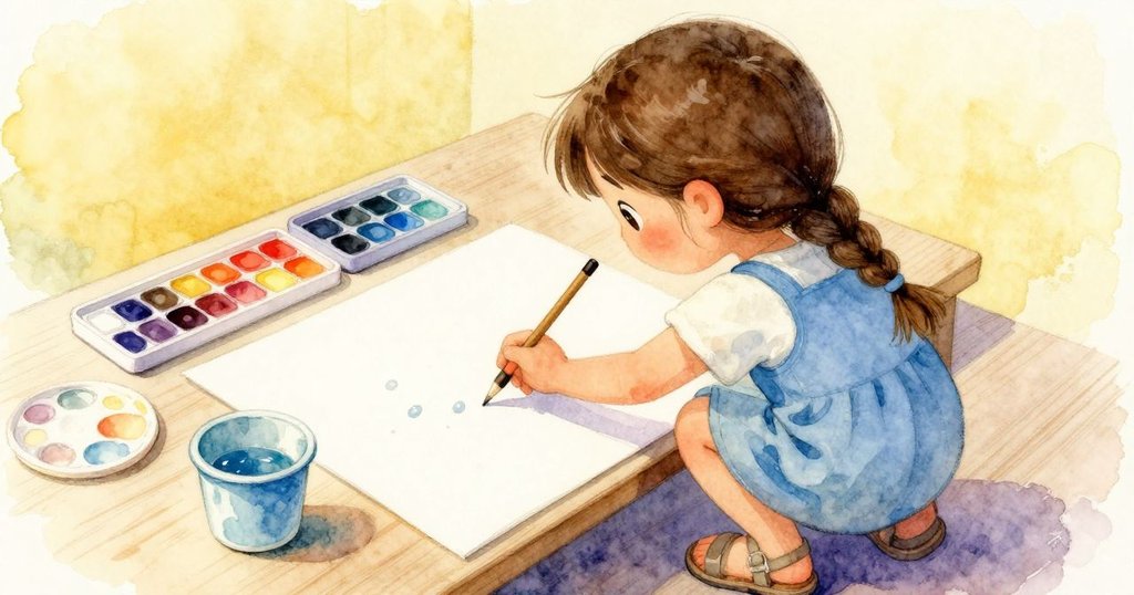 奈莎急忙回來，看到調色盤偏移落在沖杯旁，水滴滴落在畫紙上，意外而驚奇，故事發展中。