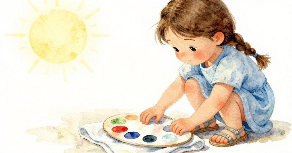 奈莎專心地將摺起的布輕輕放於調色盤下，防止盤子再碰撞，細節溫柔且內斂，故事高潮前。