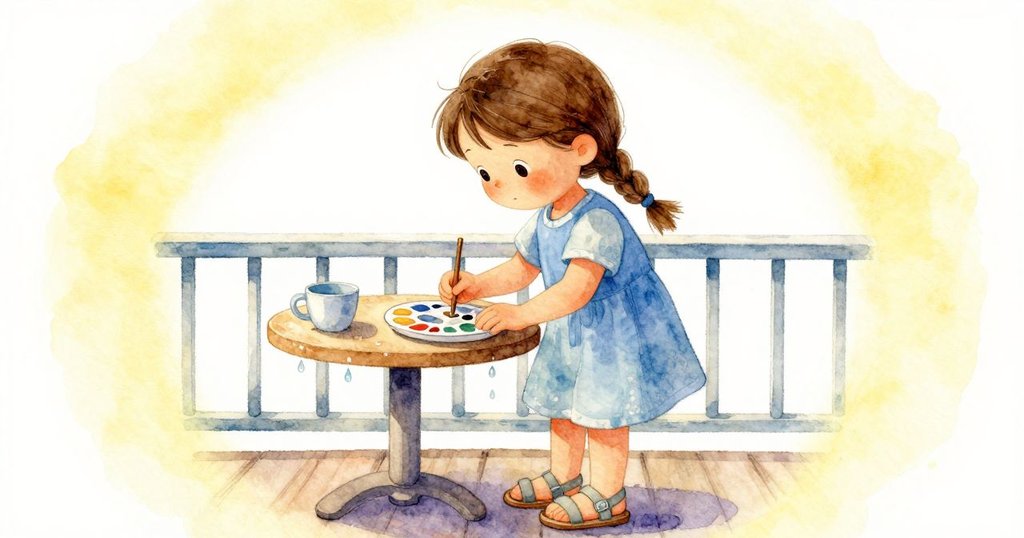 奈莎最後調整畫板，滴水有節奏敲打走廊欄杆，完成和諧畫面，從開始到結束營造完美融合，故事結尾。