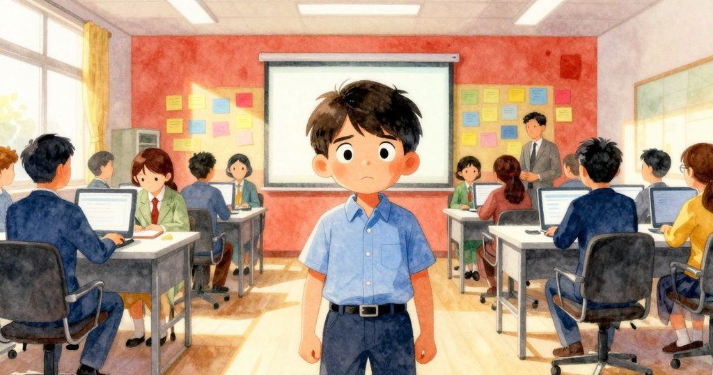 格雷在繁忙會議室中與同事互動，彩色便條紙映照窗外城市天際線，氛圍充滿活力與期待。