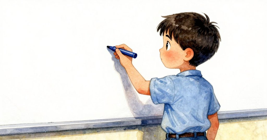 格雷專注地調整藍色記號筆，筆尖在光亮白板上留下不均痕跡，手部細節展現努力與堅持。