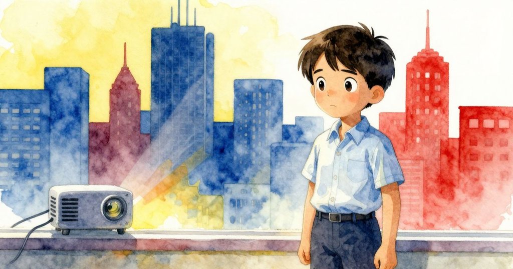 格雷站在窗邊凝望玻璃上反映的城市天際線與彩光交織，內心流露沉思與欣賞情緒。