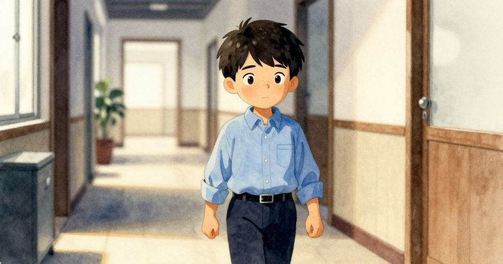 格雷急步穿越大廳的走廊，柔和燈光與地毯映出懷舊色調，呈現內心矛盾與歷史記憶交織。