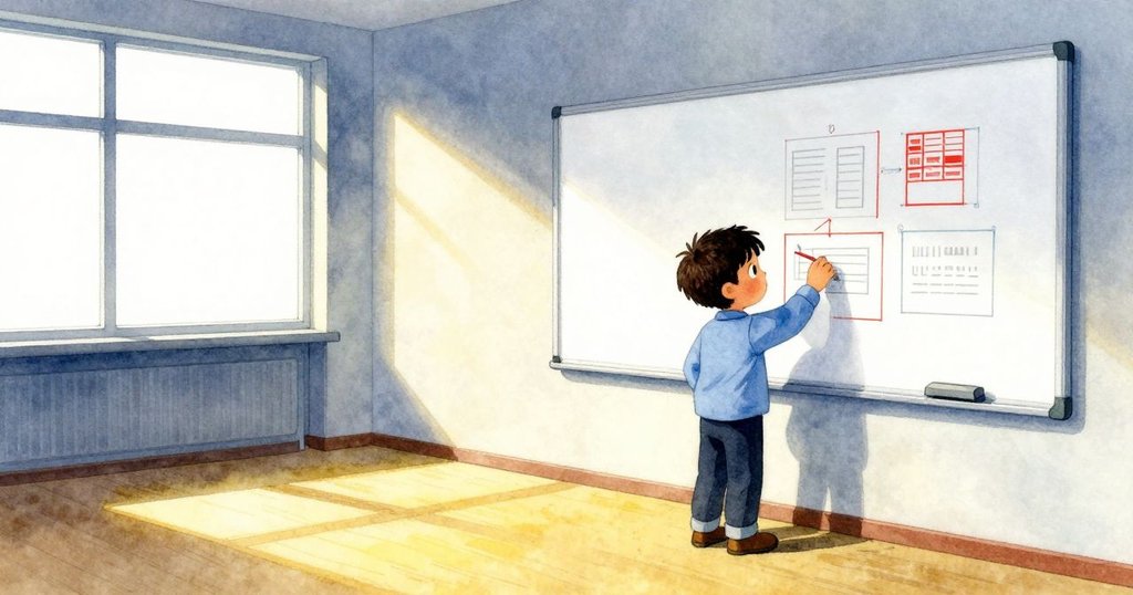 格雷在會議室中靜靜欣賞完成的圖表，柔和陽光灑落室內，透露出工作完成後的滿足與平靜。