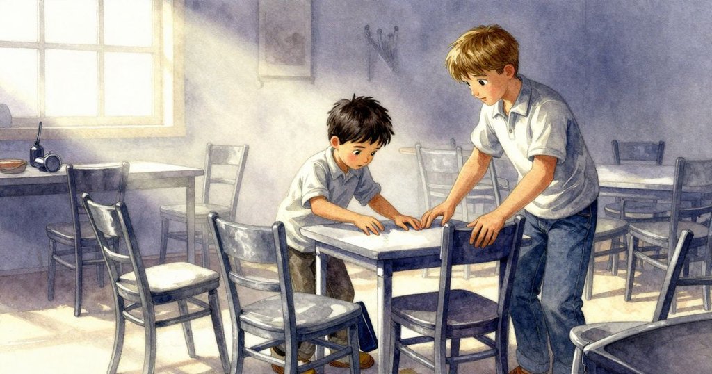 托比亞斯與凱恩在晨霧中調整鞋匠鋪內的歪斜桌椅，動作忙碌、環境古樸、光線柔和