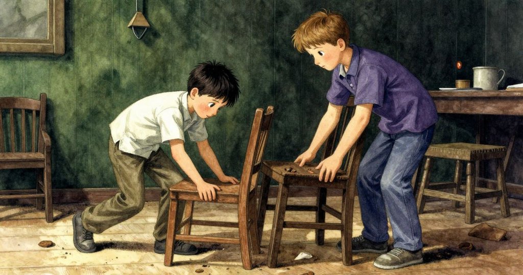 托比亞斯與凱恩在鞋匠鋪內移動木椅，注意力集中、木質地板細節豐富、步伐穩健有韻律