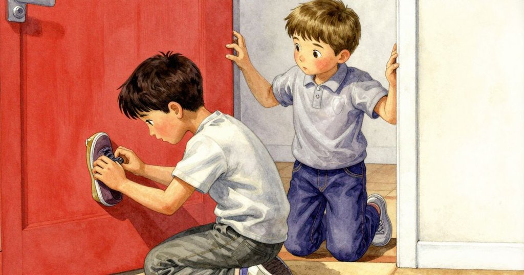 托比亞斯踮腳拉鞋，凱恩注視掛著砂紙，從門後角度觀察，場景緊張而期待