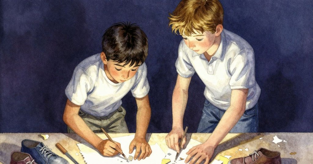 從上方俯視工作台，托比亞斯與凱恩各自操作鞋子和砂紙，空氣中彌漫著細微紙塵，協作感強烈