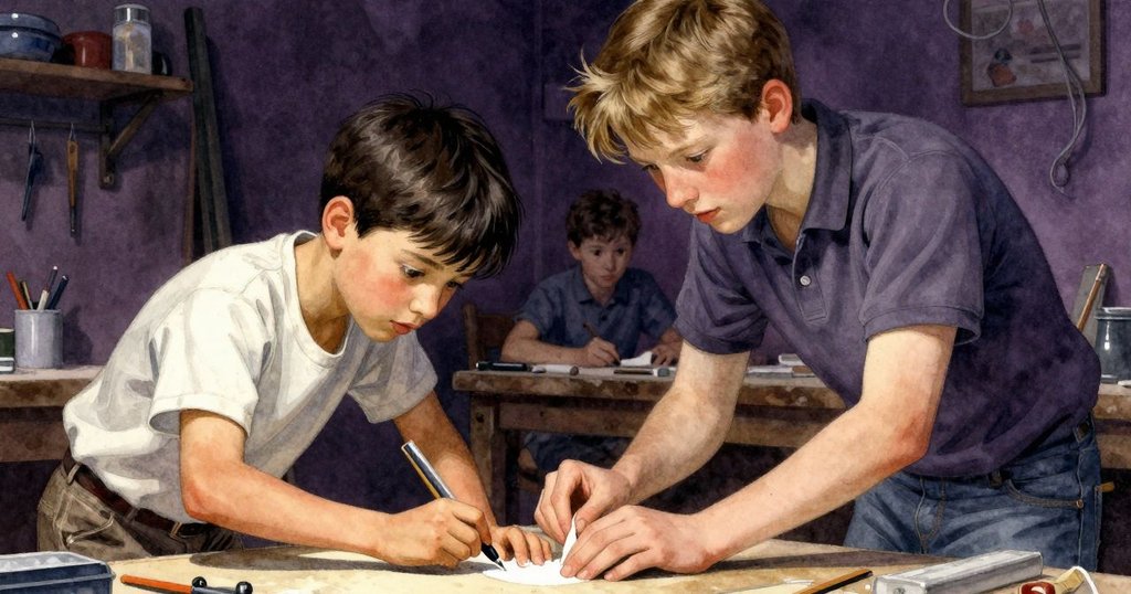 近距離拍攝砂紙碰到膠水瞬間，托比亞斯與凱恩神情略顯困惑，但決心合作解決問題