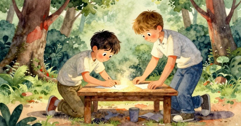 托比亞斯與凱恩完成鞋子修整後滿臉微笑，紙塵在工作台上輕舞，象徵合作與堅持成功的瞬間