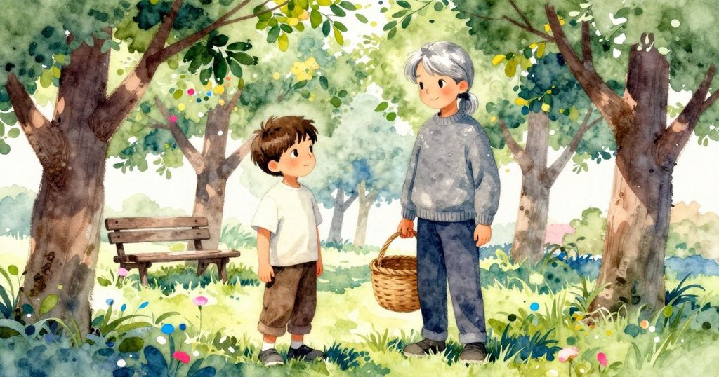 男孩穩握籃子於果園中，背景祖父坐板凳剝豌豆，陽光照射樹影斑駁，情境生動