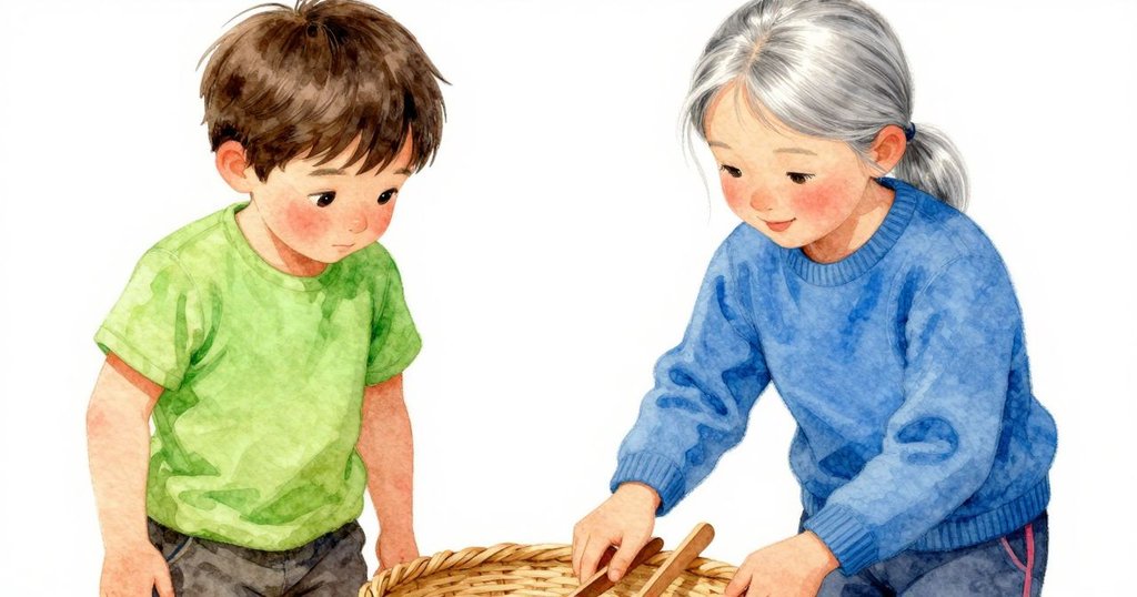 男孩專注檢視籃邊木夾子，特寫呈現手部與籃編紋理，溫暖光線中細節豐富