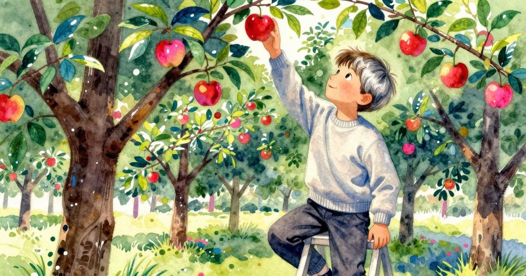 男孩立於梯上伸手摘紅蘋果，視角扭曲動態呈現，果樹枝上蘋果鮮明，氣氛生動