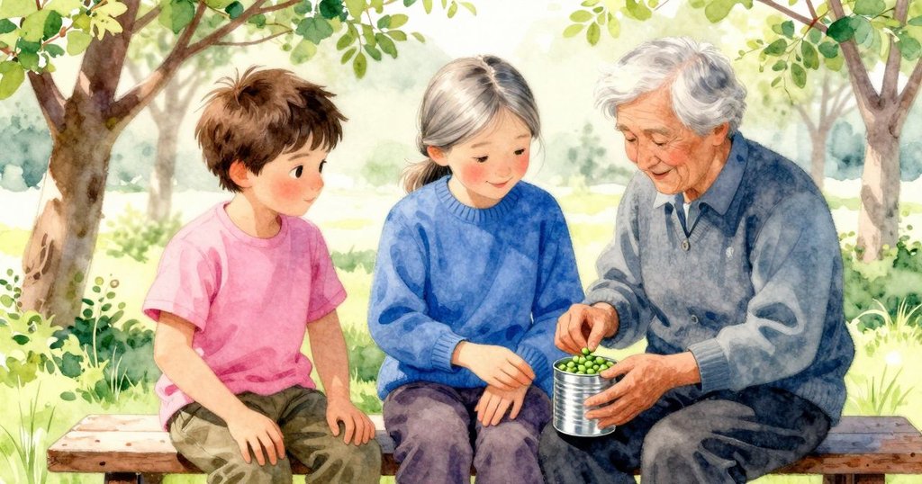 祖父溫柔微笑在果園板凳上剝豌豆，懷舊色調呈現靜謐動作，氛圍溫暖