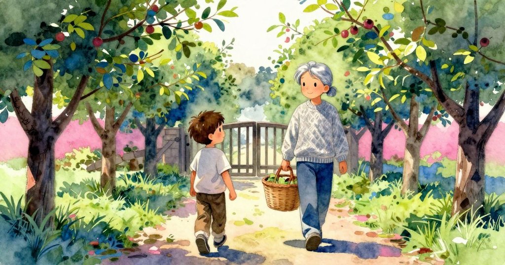 男孩滿載蘋果走在狹窄果園小徑上，接近門口，回望果桌，溫暖夕陽灑下告別氛圍