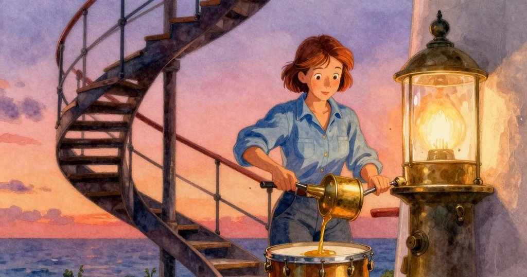 科拉在燈塔內傾倒油，背景呈現溫暖琥珀光影與斜角構圖，細節豐富，情緒專注，開始工作。