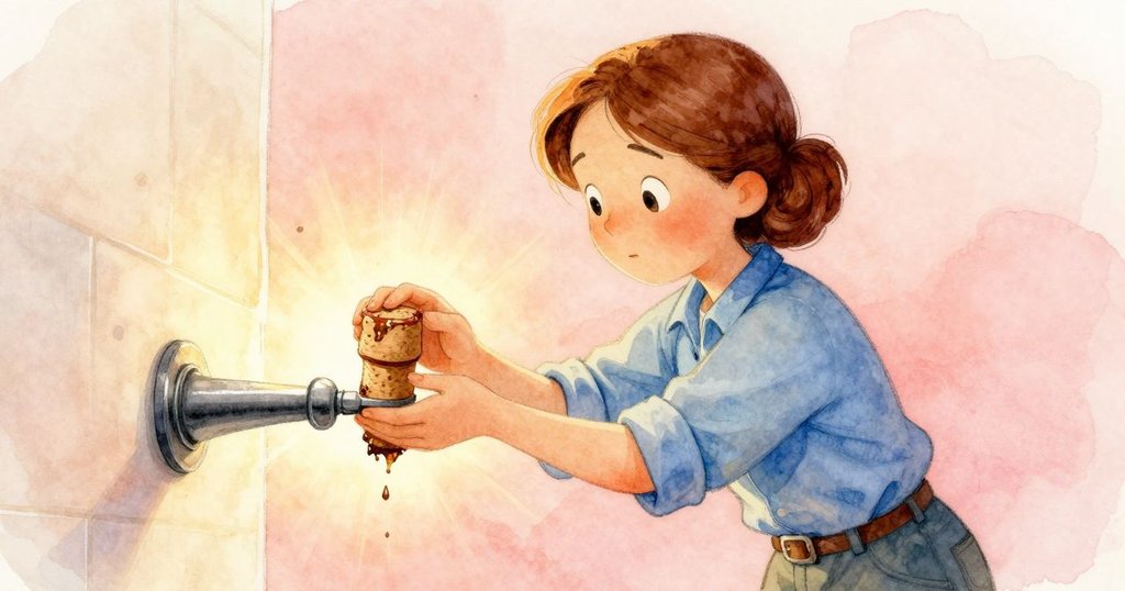 科拉近距離檢查灌油口中的塞子，面露驚訝與挫折，手握工具，油滴細節明顯，進一步發現問題。