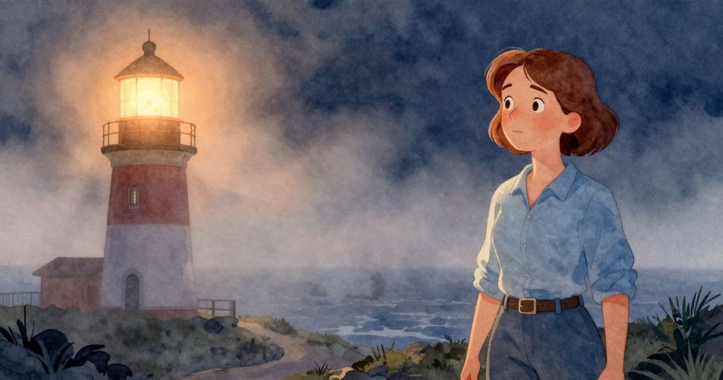 隨著霧氣漸起，燈塔內光線變得柔和，科拉依然專心作業，時間流逝背景充滿朦朧美感。