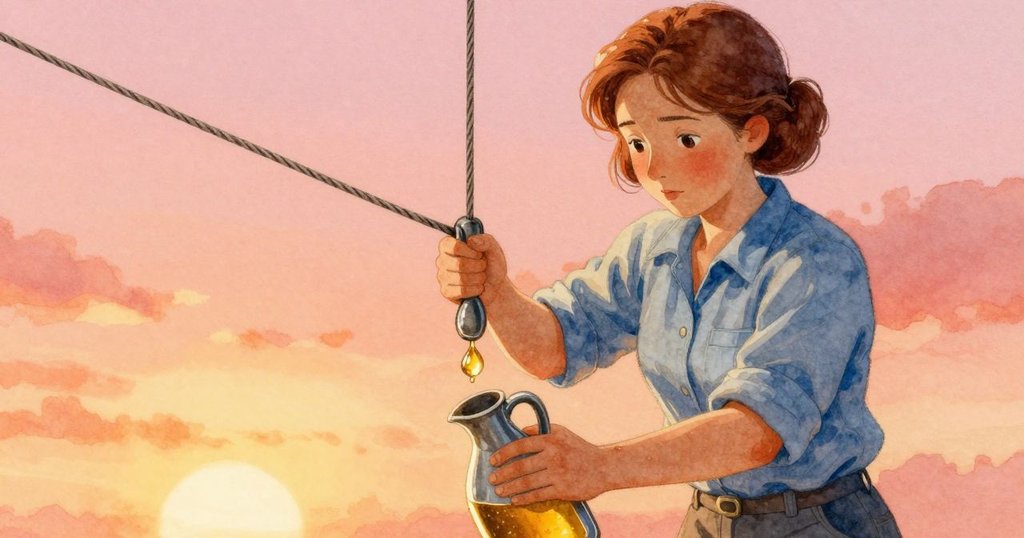 近距離捕捉油滴滑過纜繩軟化扭曲，科拉穩定油罐，細膩操作帶來機械順暢轉動的重要瞬間。