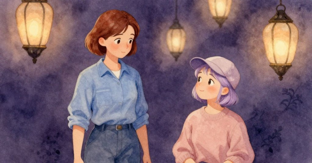 工作完成後科拉安頓休息，燈塔上層的莉萊輕觸秒錶展露微笑，霧氣與暖光交織營造寧靜結尾。