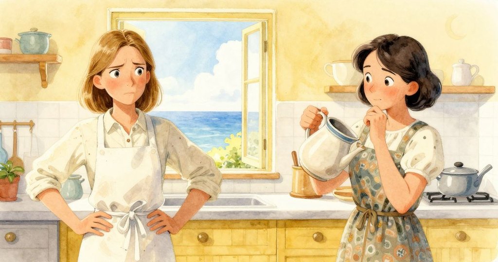 布麗特在廚房操作倒麵糊，內維持計算板注視現場，明亮廚房展現製作開始的溫馨情境