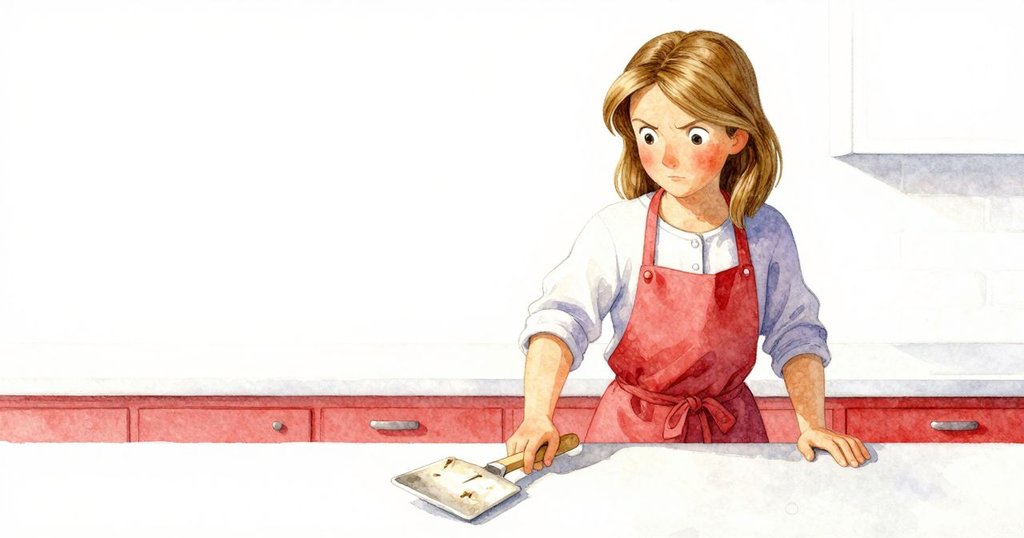 布麗特伸手拿櫃臺上樺木鏟子，簡約背景強調動作細節，展現廚房準備階段的清新氛圍