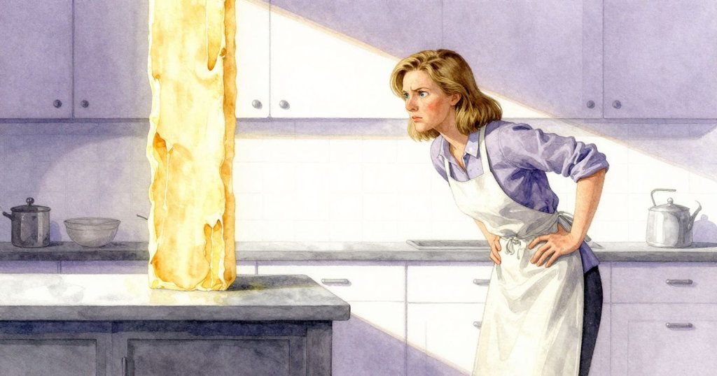 布麗特在奇幻變形的廚房中，凝視扭曲角度與漂浮的奶油氣息，展現超現實情境與好奇心