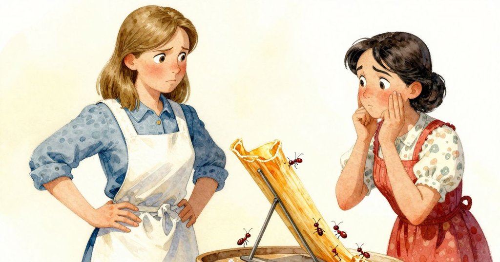 布麗特穩住滑落的薄餅架，內維數著計算板上跳動的糖螞蟻，兩人緊急互動展現瞬間危機與協作