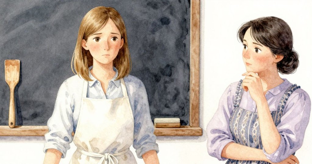 廚房傍晚靜謐景象中，計算板散落粉塵與堅定卡位的樺木鏟子悄然訴說堅持故事，畫面充滿溫柔餘光