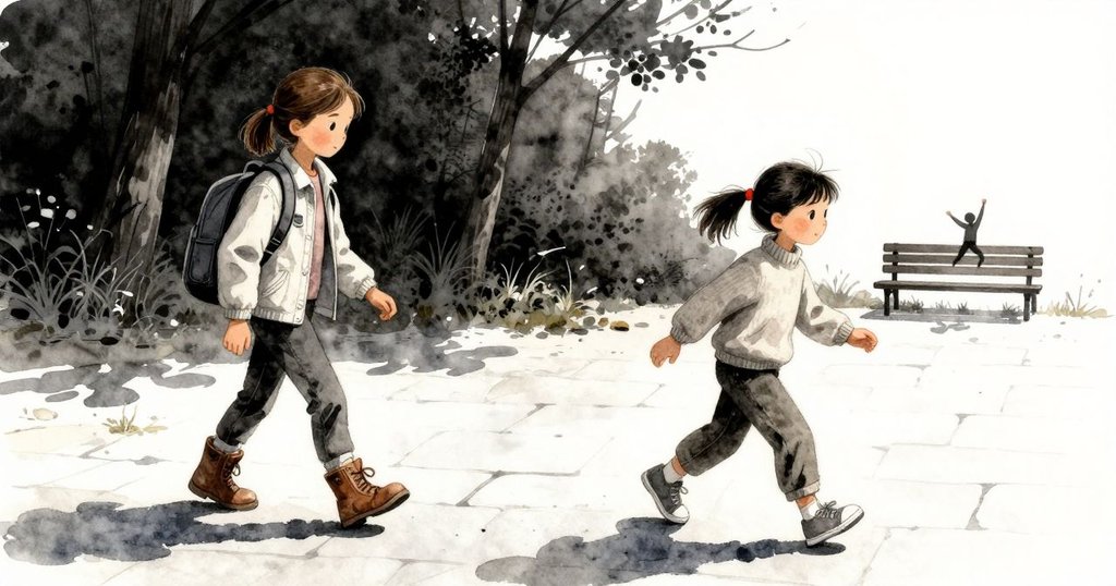 Bea走在公園小徑上，遠處Farrah輕快跳躍，石凳與水坑反映著微光，氛圍溫暖且充滿故事發展