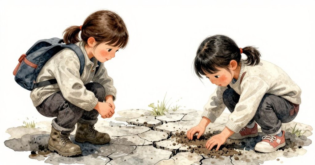 Bea的手輕觸濕潤泥土，近鏡頭捕捉石板上水跡痕跡，展現出大自然中的靜謐歷史感