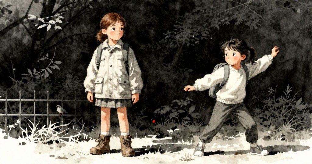 從低角度視角，一隻小鳥棲息在籬笆上好奇地觀察著在公園中與自然互動的Bea，意境寧靜