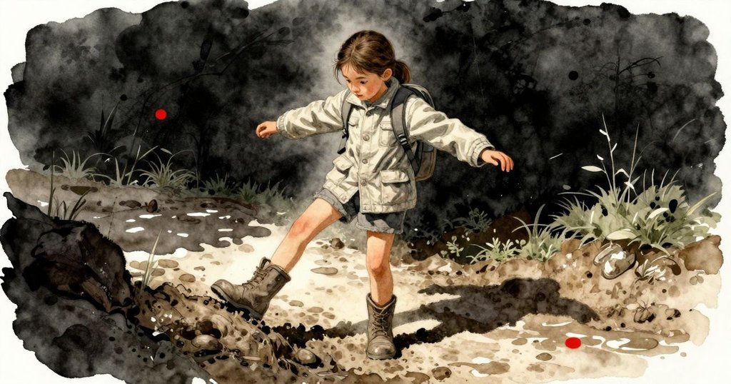 Bea小心翼翼地踏在兩個水坑之間，專注的神情與濕潤泥土交織出決策時刻，呈現堅毅氛圍