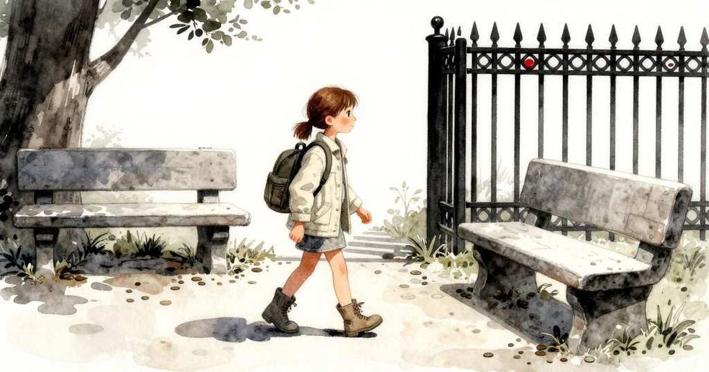 Bea走向公園門邊的石凳，背影與散落如硬幣般的水坑營造出故事未完待續的感覺，氛圍平靜溫暖