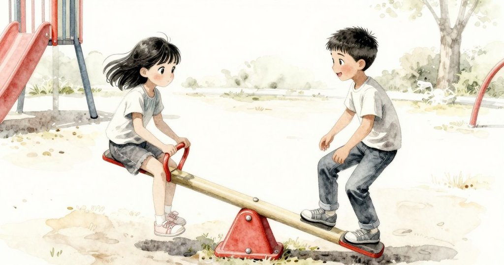 Liora 踏上木製搖擺板，Dean 坐在對側，陽光斑駁灑落，背景有家長和水瓶，充滿活力的遊樂場景