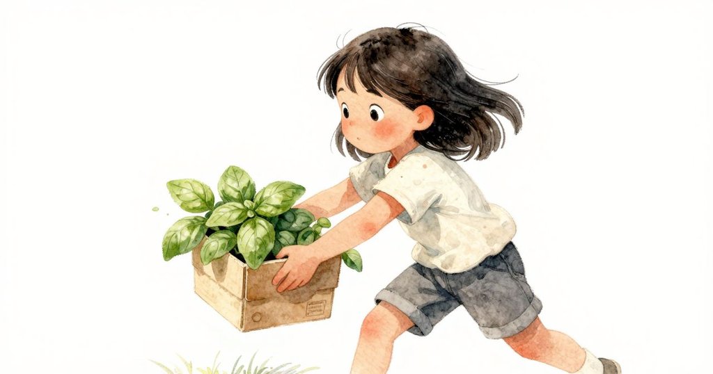 Liora 活潑地從長椅旁取下盒子，內含麵包和羅勒，輕放於搖擺板後方，展現調整平衡的溫柔動作