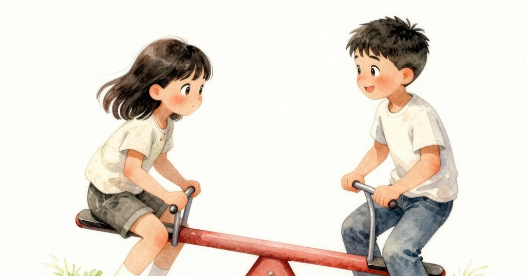 Liora 與 Dean 同心協力調整搖擺板，細心合作使板面保持水平，溫暖光線中展現平衡成功