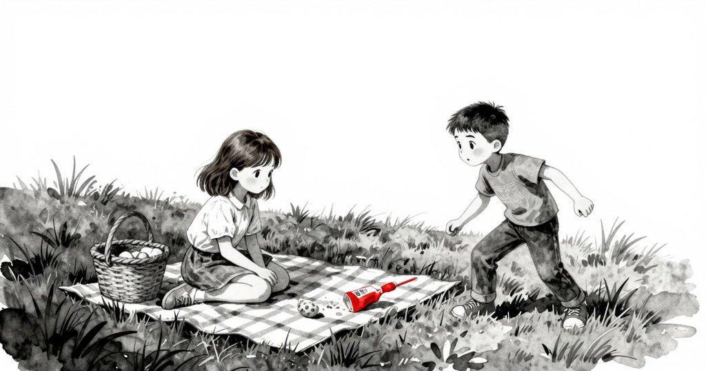 克拉拉和沙利文在傾斜草地上佈置野餐，籃子固定毛毯，食物零散滑動，陽光明亮，展現故事開頭情境