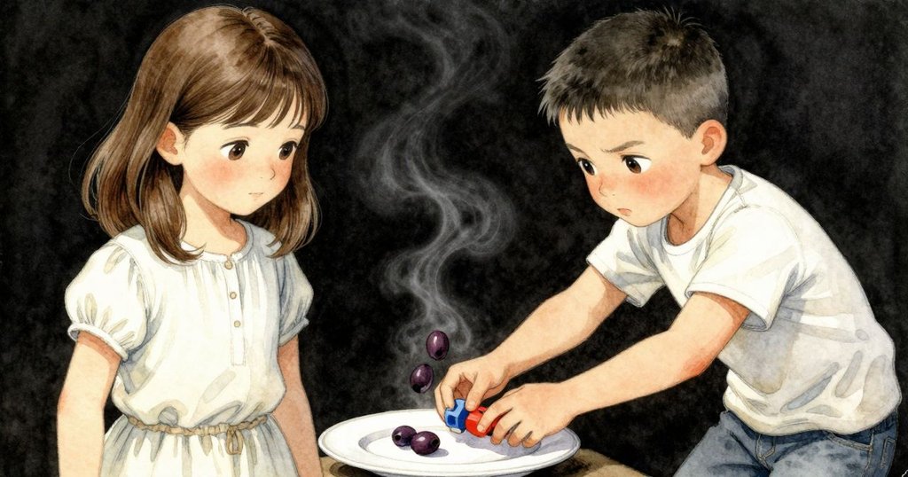 沙利文專注雙手操作，用玩具野牛夾住飄移的紙盤，橄欖隨後滾動，故事發展中展現動態細節