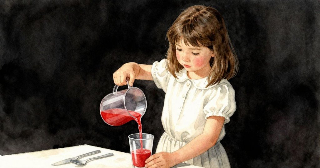 從克拉拉背後觀察，她專注傾倒果汁，杯盤隨布移動，呈現柔和光線與故事發展情境