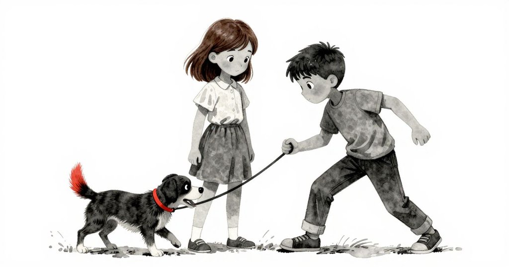 克拉拉和沙利文在草地上調整野餐物件，狗搖動棕紅尾巴，兩人合作固定物品，展現野餐轉折場景