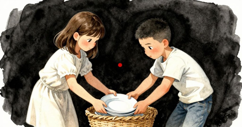 克拉拉與沙利文齊心協力旋轉盤子，固定野餐物品，彼此微笑合作，展現共同行動和成就感