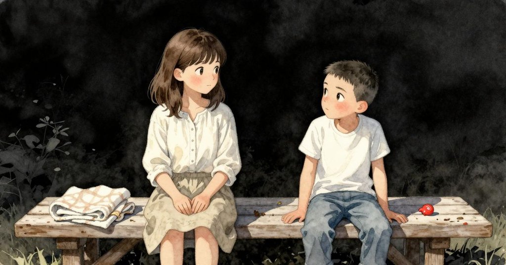 晚霞下的長椅上，整齊摺疊的毛毯和散落麵包屑、塑料野牛呈現安靜結局，訴說野餐故事的尾聲