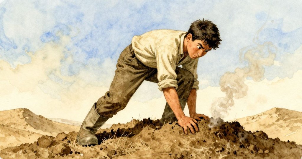 芬坦站在溫暖土堆上仔細按土，桶子散落現破曉初景，蒸汽輕繞，神情專注展開故事