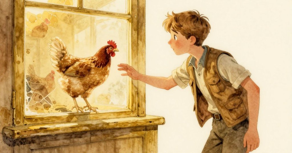 韋德在工作桌旁整理錫箔，突然扶起驚慌母雞，桌上洋蔥散落，情節瞬間轉變，情緒細膩