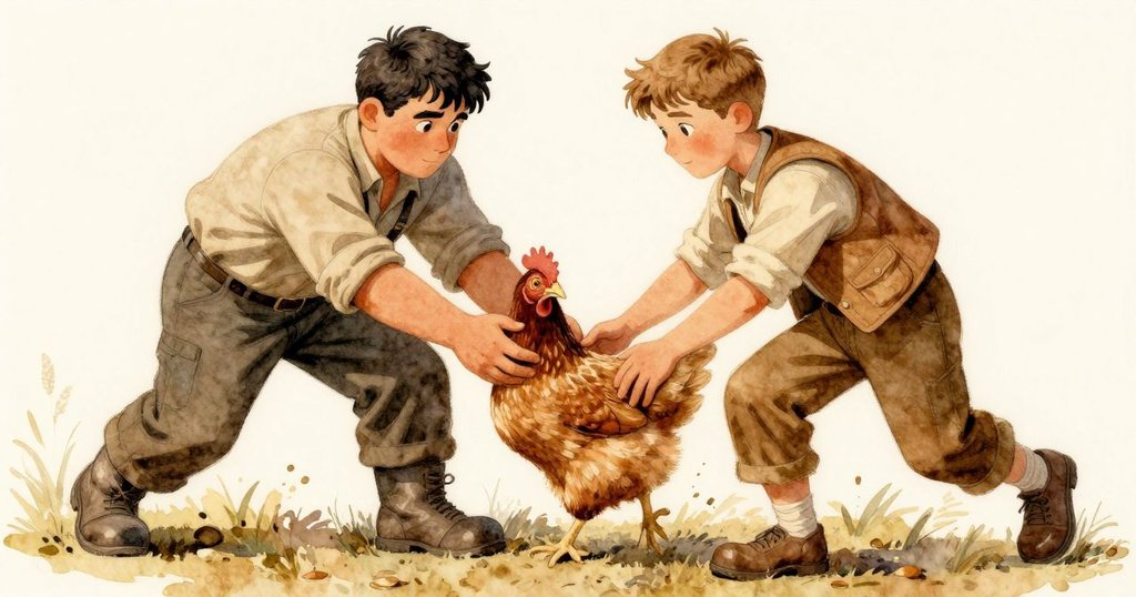 突然雜亂聲響中，芬坦與韋德迅速行動扶正驚慌母雞，桌上洋蔥與錫箔飛散，緊張氣氛展現動作